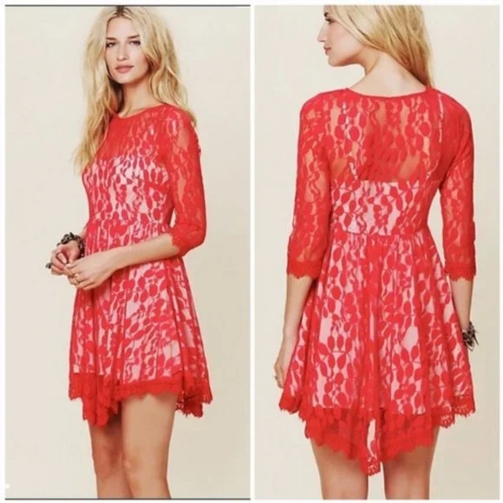 FREE PEOPLE Red Mesh Floral Lace Overlay Dress Size 4